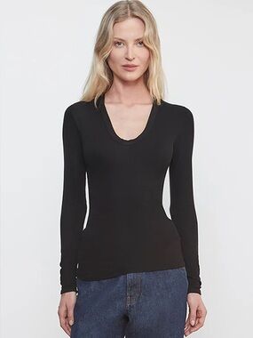 Enza Costa Black Silk Rib Long Sleeve Top XS